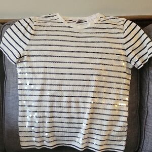 J. Crew Factory Navy and White Sequin Striped Tee